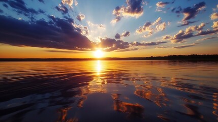 Fototapete - Stunning Sunset Over Lake with Reflective Colors and Cloud Patterns : Generative AI