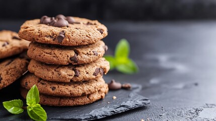 Poster - Delicious Chocolate Chip Cookies Stacked on Slate Plate Ready for Enjoyment : Generative AI