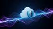 © Ednardo - Cloud data security. Shield protecting cloud from attack and malware. Abstract data stream flowing around the icon.