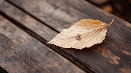 Leinwandbilder - Close Up of a Dry Autumn Leaf on a Rustic Wooden Table Evoking a Sense of Change and Nature : Generative AI