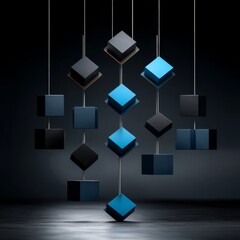 Poster - Hanging Cubes: An Array of Geometric Shapes Suspended in a Minimalist Dark Setting, Offering a Modern and Artistic Composition