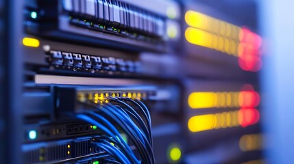 Poster - Close Up of Server Room with Cables and LED Lights in a Data Center : Generative AI