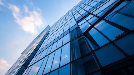 Poster - Modern Glass Skyscraper Reaching Towards Bright Blue Sky with Fluffy White Clouds : Generative AI