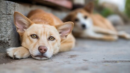 Poster - Two relaxed dogs resting side by side with soft focus showcasing peaceful pets in a casual setting : Generative AI