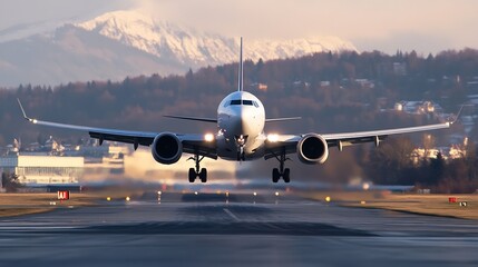 Poster - Commercial airplane landing gracefully on runway surrounded by mountains and clear skies showcasing aviation : Generative AI