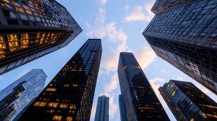 Poster - dramatic upward view of skyscrapers against a beautiful sky during sunset in a city : Generative AI