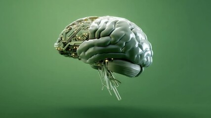 Poster -  bio-AI hybrid brain combining organic and digital parts, floating mid-air over green key background
