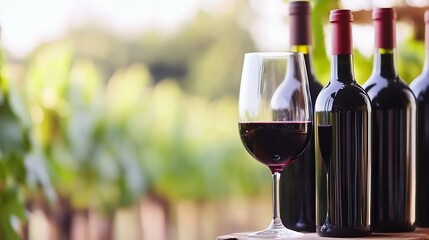 Aufkleber - Elegant Red Wine Glass Next To Bottles On A Rustic Wooden Table In A Vineyard : Generative AI