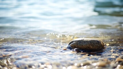 Poster - Serene close up of a smooth stone in shallow clear water reflecting gentle sunlight : Generative AI
