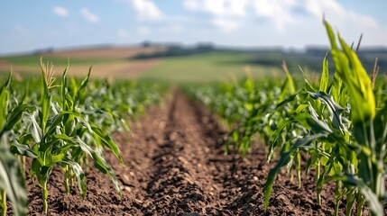 Aufkleber - Lush Green Cornfield on Sunny Day with Blue Sky and Rolling Hills in the Background : Generative AI