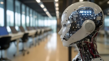 Poster - Futuristic humanoid robot profile with technology details visible against a modern office backdrop : Generative AI