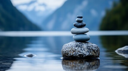 Poster - Balanced tranquil stones stacked on a rock by the calm lake showcasing natural peaceful beauty : Generative AI