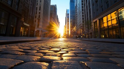 Aufkleber - Urban Street with Cobblestones and Sunbeams Shining Amid Skyscrapers : Generative AI