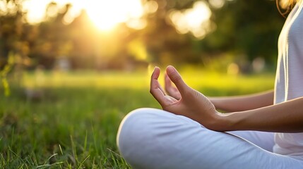 Poster - Mindful Woman Meditating in a Sunlit Natural Garden During a Peaceful Sunrise : Generative AI