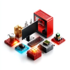 Poster - Modern Tech Still Life: Desktop Computer, Accessories, and Eclectic Objects on White Background