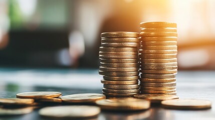 Poster - Close-Up of Stacked Coins with Warm Light and Soft Background : Generative AI