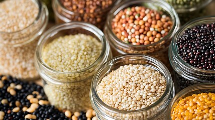 Poster - Variety of Healthy Grains and Seeds in Glass Jars for Nutrition : Generative AI