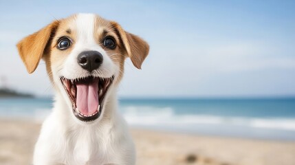 Aufkleber - Happy playful puppy smiling by the beach with a sunny background and ocean view : Generative AI