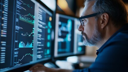 Fototapete - Focused Man Analyzing Data and Charts on Dual Computer Screens in Modern Office : Generative AI