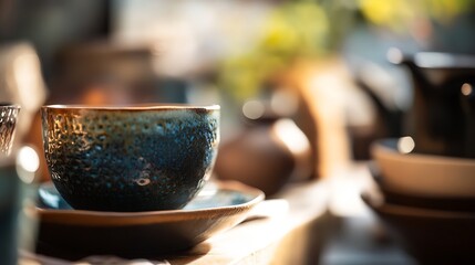 Fototapete - Artisan Handmade Pottery Bowl With Unique Texture In Natural Light Setting : Generative AI