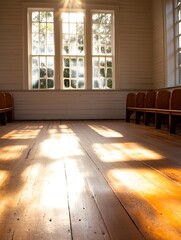 Poster - Warm Sunlight Streaming Through Vintage Windows onto Wooden Floor in Cozy Room : Generative AI