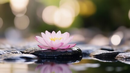 Poster - Beautiful Pink Lotus Flower on Calm Water Surface Reflecting in Peaceful Natural Setting : Generative AI