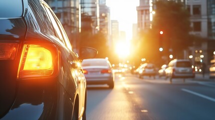 Poster - City Sunset Reflections with Cars in Traffic and Urban Skyline at Golden Hour : Generative AI