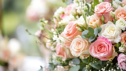 Poster - Beautiful bouquet of pastel roses with greenery for weddings and floral decorations : Generative AI
