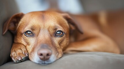 Poster - Close-up of a relaxed dog resting on a couch with expressive eyes : Generative AI