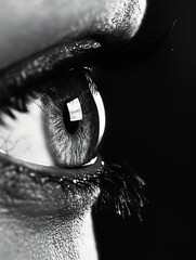 Poster - Close Up of a Human Eye with Detailed Iris and Eyelashes in Black and White : Generative AI