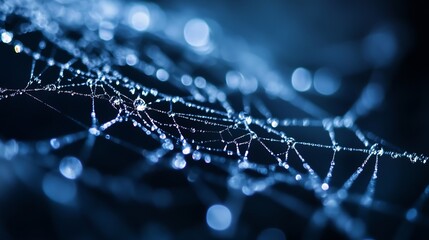 Poster - A close-up shot of a spider web adorned with water droplets glistening in the dark : Generative AI