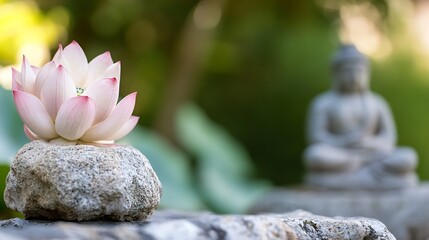 Poster - Beautiful pink lotus flower resting on stone with serene buddha statue in tranquil garden setting : Generative AI