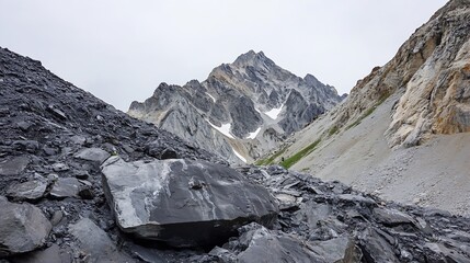 Poster - Scenic view of rugged mountain landscape featuring rocky slopes and a distant peak under cloudy skies : Generative AI