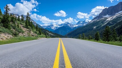 Aufkleber - A breathtaking view of a long road leading into majestic mountains under a clear blue sky, perfect for adventure : Generative AI