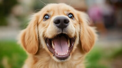 Poster - Happy Golden Retriever Puppy with Joyful Expression Enjoying the Outdoors : Generative AI