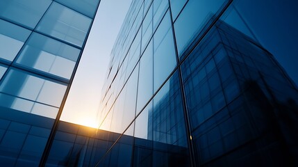 Aufkleber - Modern Glass Building with Reflective Surfaces Illuminated by the Setting Sun : Generative AI