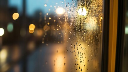 Poster - Rainy Day Reflections on a Window with Bokeh Background Creating an Atmospheric Mood : Generative AI
