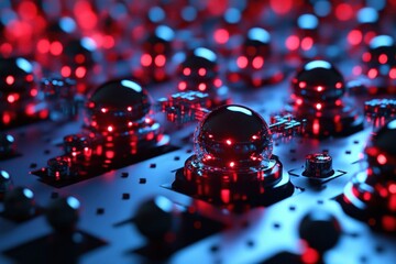 Poster - Close-up view of glowing red spheres on a modern circuit board at night