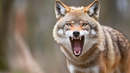 Poster - Fierce Coyote with Open Mouth Displaying Teeth in Natural Habitat : Generative AI