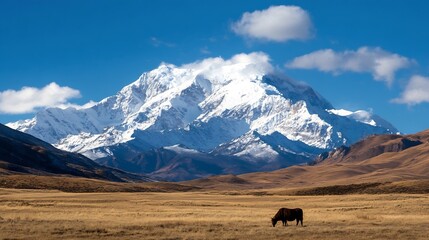 Aufkleber - Majestic Snow-Capped Mountains with Grazing Cow in Open Landscape : Generative AI