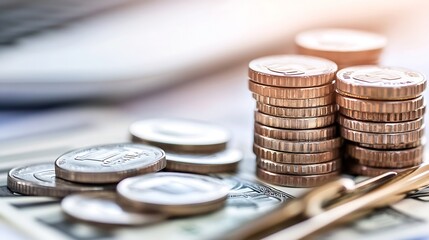 Aufkleber - Stacks of Coins on Currency Notes for Financial Concept : Generative AI