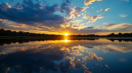 Poster - Stunning Sunset Reflected in a Calm Waterbody with Clouds : Generative AI
