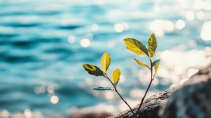 Poster - Fresh Green Leaves on a Branch with Soft Focus Over a Calm Water Surface : Generative AI