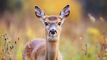 Poster - A close-up portrait of a young deer in a colorful meadow showcasing its gentle nature and serene beauty : Generative AI