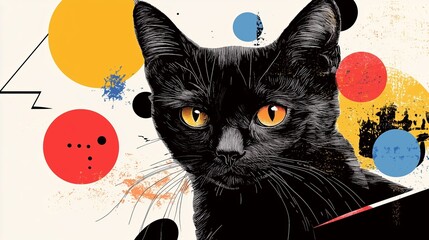 Poster - Black cat with striking orange eyes surrounded by colorful geometric shapes in a modern artistic style