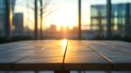 Aufkleber - Stunning sunrise view over a wooden table illuminated by golden rays of sunlight : Generative AI
