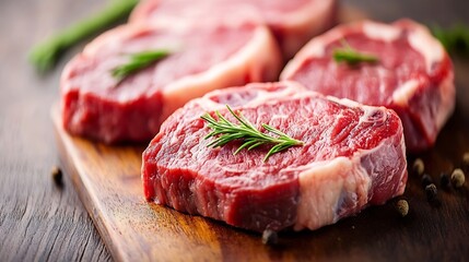 Poster - Premium cut of raw beef steak with fresh herbs on a wooden cutting board : Generative AI