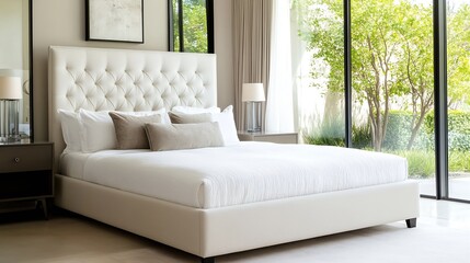 Aufkleber - Elegant modern bedroom design with a large padded bed and natural light shining through big windows : Generative AI