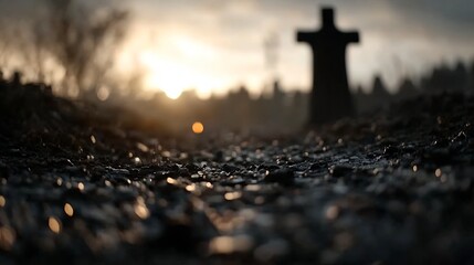 Poster - Mysterious Graveyard Scene with Cross and Stones Underneath a Dramatic Evening Sky : Generative AI
