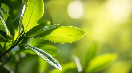 Poster - Close Up of Green Leaves Against a Soft Sunlit Background in Nature : Generative AI